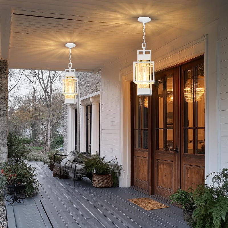 PARTPHONER 15" Outdoor Indoor Pendant Light Exterior Hanging Lantern, Modern Metal Outside Chandelier Light Fixture Ceiling Mount with Water Glass for Front Porch Entrance Foyer Entryway, White - Image 5